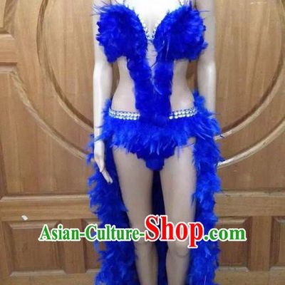 Top Grade Professional Performance Catwalks Blue Feather Bikini Costume, Traditional Brazilian Rio Carnival Samba Dance Modern Fancywork Swimsuit Costume for Women
