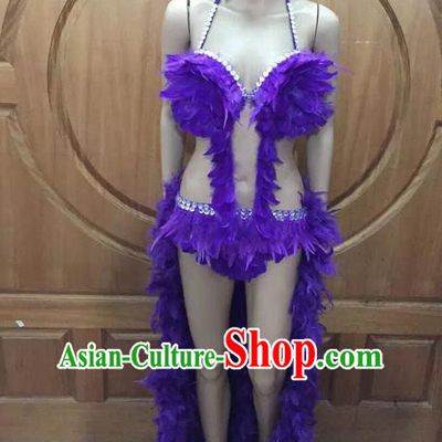 Top Grade Professional Performance Catwalks Purple Feather Bikini Costume, Traditional Brazilian Rio Carnival Samba Dance Modern Fancywork Swimsuit Costume for Women