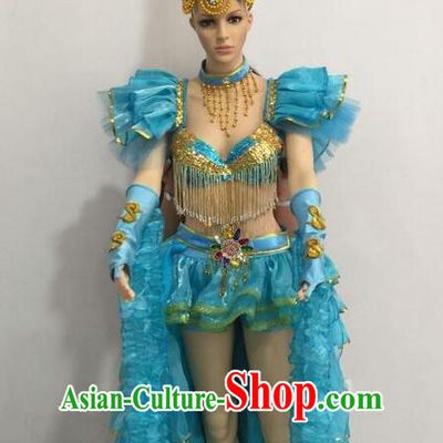 Top Grade Professional Performance Catwalks Blue Bikini Costume and Feather Headwear, Traditional Brazilian Rio Carnival Samba Dance Modern Fancywork Clothing for Women