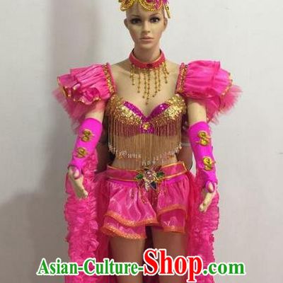 Top Grade Professional Performance Catwalks Rosy Bikini Costume and Feather Headwear, Traditional Brazilian Rio Carnival Samba Dance Modern Fancywork Clothing for Women