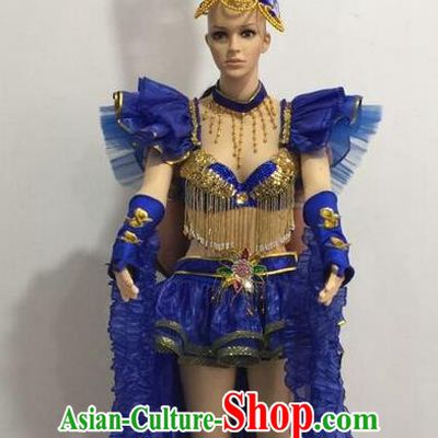 Top Grade Professional Performance Catwalks Royalblue Bikini Costume and Feather Headwear, Traditional Brazilian Rio Carnival Samba Dance Modern Fancywork Clothing for Women