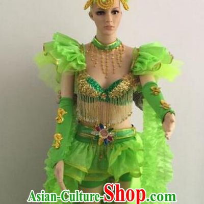 Top Grade Professional Performance Catwalks Green Bikini Costume and Feather Headwear, Traditional Brazilian Rio Carnival Samba Dance Modern Fancywork Clothing for Women