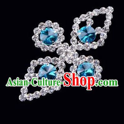 Chinese Ancient Peking Opera Jewelry Accessories Young Lady Diva Bowknot Brooch, Traditional Chinese Beijing Opera Hua Tan Blue Crystal Breastpin