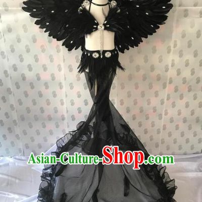 Top Grade Professional Performance Catwalks Costume Black Feather Bikini with Wings, Traditional Brazilian Rio Carnival Samba Dance Modern Fancywork Swimsuit Clothing for Kids