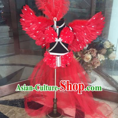 Top Grade Professional Performance Catwalks Costume Red Feather Bikini with Wings, Traditional Brazilian Rio Carnival Samba Dance Modern Fancywork Swimsuit Clothing for Kids