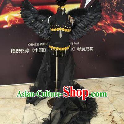 Top Grade Professional Performance Catwalks Costume Black Feather Bikini with Wings, Traditional Brazilian Rio Carnival Samba Dance Modern Fancywork Swimsuit Clothing for Kids