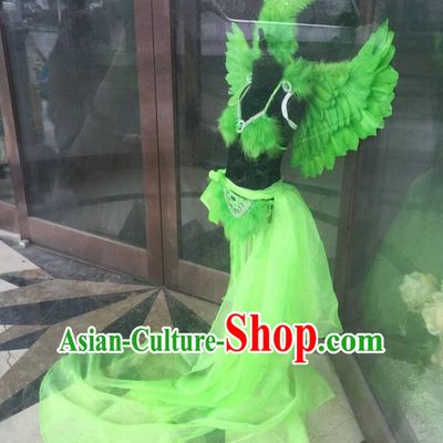 Top Grade Professional Performance Catwalks Costume Green Feather Bikini with Wings, Traditional Brazilian Rio Carnival Samba Dance Modern Fancywork Swimsuit Clothing for Kids