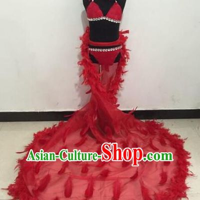 Top Grade Professional Performance Catwalks Bikini Clothing, Traditional Brazilian Rio Carnival Samba Modern Fancywork Red Feather Swimsuit Costume for Women