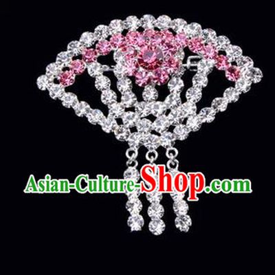 Chinese Ancient Peking Opera Jewelry Accessories Young Lady Diva Sector Brooch, Traditional Chinese Beijing Opera Hua Tan Pink Crystal Breastpin