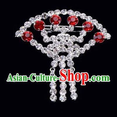 Chinese Ancient Peking Opera Jewelry Accessories Young Lady Diva Sector Brooch Collar Button, Traditional Chinese Beijing Opera Hua Tan Red Crystal Breastpin