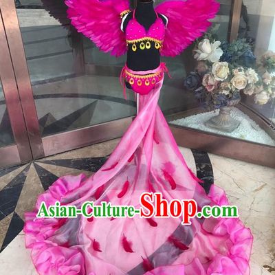 Top Grade Professional Performance Catwalks Costume Rosy Feather Bikini with Wings, Traditional Brazilian Rio Carnival Samba Dance Modern Fancywork Swimsuit Clothing for Kids