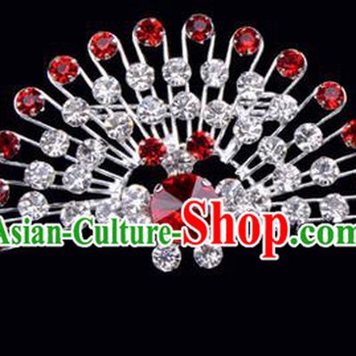 Chinese Ancient Peking Opera Jewelry Accessories Young Lady Diva Peacock Brooch Collar Button, Traditional Chinese Beijing Opera Hua Tan Red Crystal Breastpin