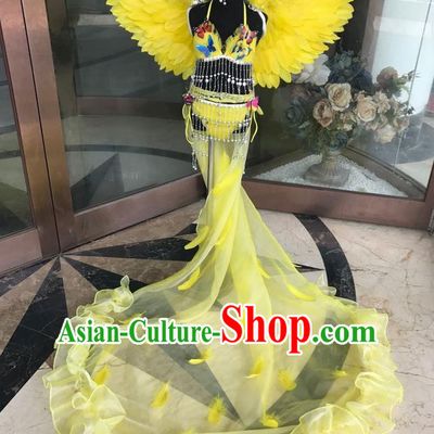 Top Grade Professional Performance Catwalks Costume Yellow Feather Bikini with Wings, Traditional Brazilian Rio Carnival Samba Dance Modern Fancywork Swimsuit Clothing for Kids