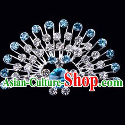 Chinese Ancient Peking Opera Jewelry Accessories Young Lady Diva Peacock Brooch Collar Button, Traditional Chinese Beijing Opera Hua Tan Blue Crystal Breastpin
