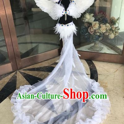 Top Grade Professional Performance Catwalks Costume White Feather Bikini with Wings, Traditional Brazilian Rio Carnival Samba Dance Modern Fancywork Swimsuit Clothing for Kids