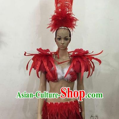 Top Grade Professional Performance Catwalks Costume Red Feather Bikini, Traditional Brazilian Rio Carnival Samba Dance Modern Fancywork Swimsuit Clothing for Women