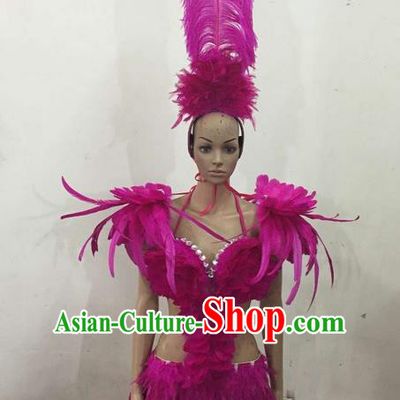 Top Grade Professional Performance Catwalks Costume Rosy Feather Bikini, Traditional Brazilian Rio Carnival Samba Dance Modern Fancywork Swimsuit Clothing for Women