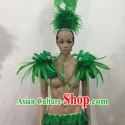 Top Grade Professional Performance Catwalks Costume Green Feather Bikini, Traditional Brazilian Rio Carnival Samba Dance Modern Fancywork Swimsuit Clothing for Women