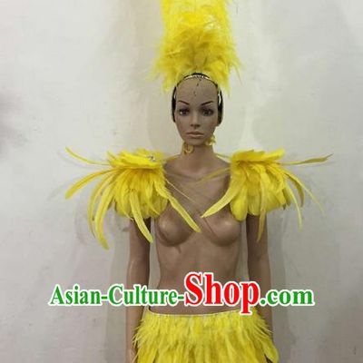 Top Grade Professional Performance Catwalks Costume Yellow Feather Bikini, Traditional Brazilian Rio Carnival Samba Dance Modern Fancywork Swimsuit Clothing for Women