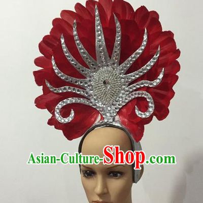 Top Grade Professional Stage Show Halloween Parade Red Feather Hair Accessories, Brazilian Rio Carnival Samba Dance Modern Fancywork Decorations Headpiece for Women