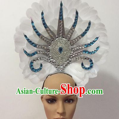 Top Grade Professional Stage Show Halloween Parade Feather Hair Accessories, Brazilian Rio Carnival Samba Dance Modern Fancywork Decorations Blue Headpiece for Women