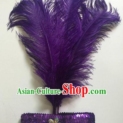 Top Grade Professional Stage Show Halloween Parade Purple Ostrich Feather Hair Accessories, Brazilian Rio Carnival Samba Dance Modern Fancywork Headwear for Women