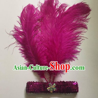 Top Grade Professional Stage Show Halloween Parade Rosy Ostrich Feather Hair Accessories, Brazilian Rio Carnival Samba Dance Modern Fancywork Headwear for Women