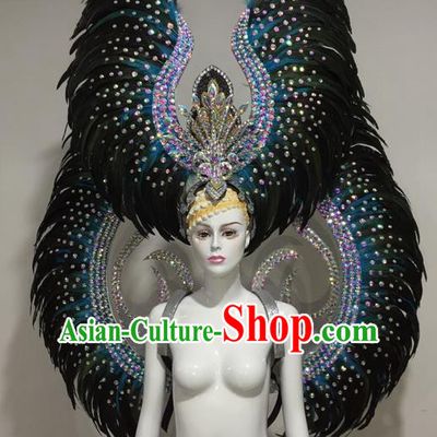 Top Grade Professional Stage Show Halloween Parade Blue Feather Wings and Hair Accessories, Brazilian Rio Carnival Samba Dance Modern Fancywork Decorations Props for Women