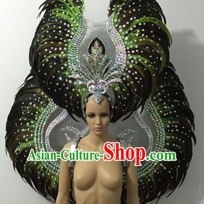 Top Grade Professional Stage Show Halloween Parade Green Feather Wings and Hair Accessories, Brazilian Rio Carnival Samba Dance Modern Fancywork Decorations Props for Women