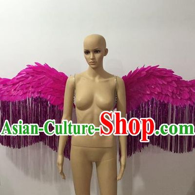 Top Grade Professional Stage Show Halloween Parade Rosy Feather Wings Accessories, Brazilian Rio Carnival Samba Dance Modern Fancywork Decorations Props for Women