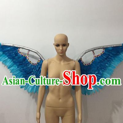 Top Grade Professional Stage Show Halloween Parade Blue Feather Wings Accessories, Brazilian Rio Carnival Samba Dance Modern Fancywork Decorations Props for Women