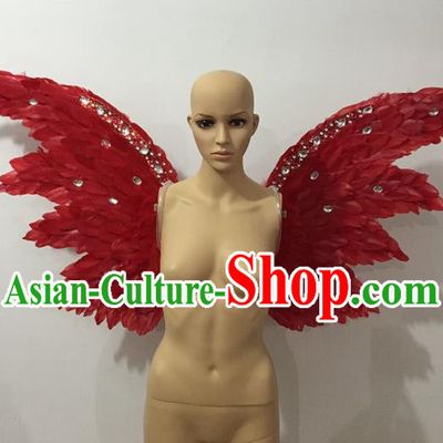 Top Grade Professional Stage Show Halloween Parade Red Feather Wings Accessories, Brazilian Rio Carnival Samba Dance Modern Fancywork Decorations Props for Women