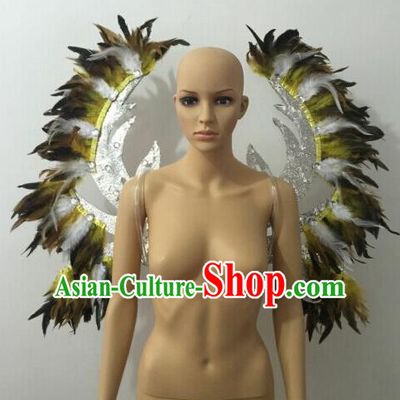 Top Grade Professional Stage Show Halloween Parade Yellow Feather Wings Accessories, Brazilian Rio Carnival Samba Dance Modern Fancywork Decorations Props for Women