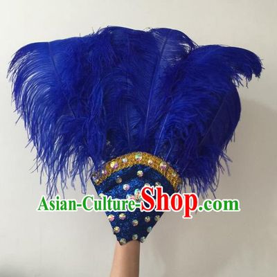 Top Grade Professional Stage Show Halloween Parade Royalblue Feather Big Hair Accessories, Brazilian Rio Carnival Samba Dance Modern Fancywork Headdress for Women