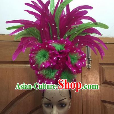Top Grade Professional Stage Show Halloween Parade Rosy Feather Big Hair Accessories, Brazilian Rio Carnival Samba Dance Modern Fancywork Flowers Headdress for Women