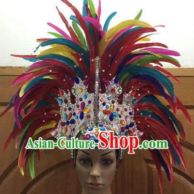 Top Grade Professional Stage Show Halloween Parade Colorful Feather Big Hair Accessories, Brazilian Rio Carnival Samba Dance Modern Fancywork Crystal Headdress for Women