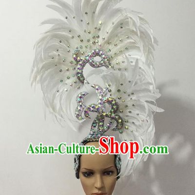 Top Grade Professional Stage Show Halloween Parade Big Hair Accessories, Brazilian Rio Carnival Samba Dance Modern Fancywork White Feather Giant Headpiece for Kids