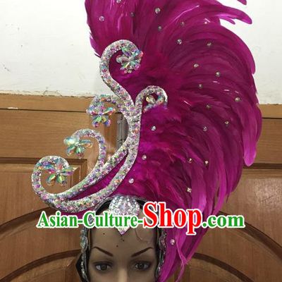 Top Grade Brazilian Rio Carnival Samba Dance Hair Accessories, Halloween Parade Giant Rosy Feather Headpiece for Women