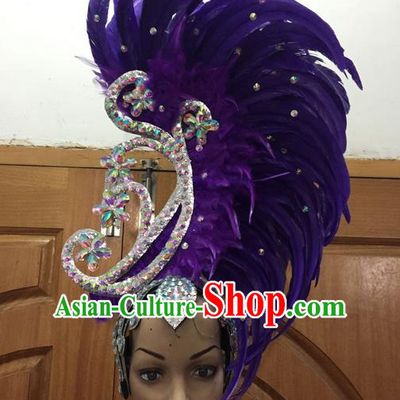 Top Grade Brazilian Rio Carnival Samba Dance Hair Accessories, Halloween Parade Giant Purple Feather Headpiece for Women
