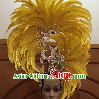Top Grade Professional Stage Show Halloween Parade Big Hair Accessories, Brazilian Rio Carnival Samba Dance Modern Fancywork Yellow Feather Giant Headpiece for Kids
