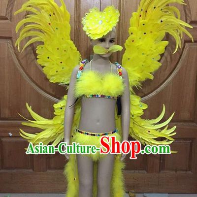 Top Grade Professional Performance Catwalks Costume Yellow Feather Bikini and Wings, Traditional Brazilian Rio Carnival Samba Dance Modern Fancywork Swimsuit Clothing for Women