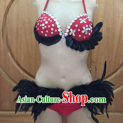 Top Grade Professional Performance Catwalks Costume Feather Bikini, Traditional Brazilian Rio Carnival Samba Dance Modern Fancywork Red Swimsuit for Women
