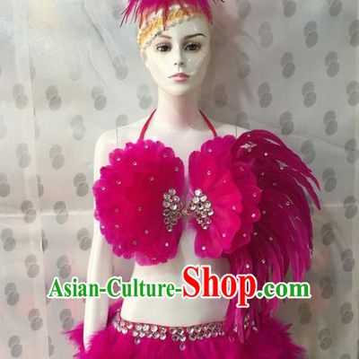 Top Grade Professional Performance Catwalks Costume Bikini and Headpiece, Traditional Brazilian Rio Carnival Samba Dance Modern Fancywork Rosy Swimsuit for Women