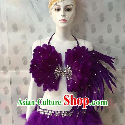 Top Grade Professional Performance Catwalks Costume Bikini and Headpiece, Traditional Brazilian Rio Carnival Samba Dance Modern Fancywork Purple Swimsuit for Women