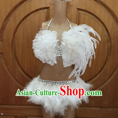 Top Grade Professional Performance Catwalks Costume Bikini and Headpiece, Traditional Brazilian Rio Carnival Samba Dance Modern Fancywork White Swimsuit for Women