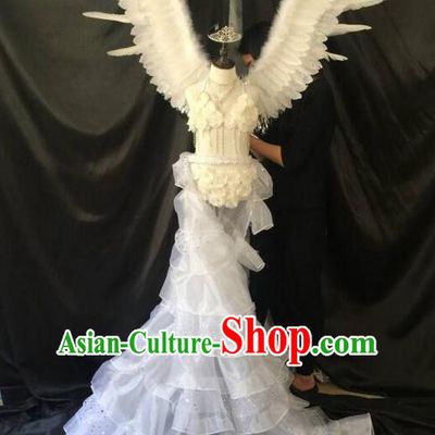 Top Grade Professional Performance Catwalks Costume White Feather Wings, Traditional Brazilian Rio Carnival Samba Dance Modern Fancywork Clothing for Women