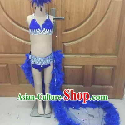 Top Grade Professional Performance Catwalks Costume Blue Feather Bikini, Traditional Brazilian Rio Carnival Samba Dance Modern Fancywork Clothing and Headpiece for Kids
