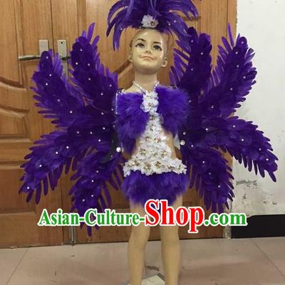 Top Grade Professional Performance Catwalks Costume Purple Feather Bikini with Wings, Traditional Brazilian Rio Carnival Samba Dance Modern Fancywork Clothing and Headpiece for Kids