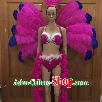 Top Grade Professional Performance Catwalks Costume Rosy Feather Bikini with Wings, Traditional Brazilian Rio Carnival Samba Dance Clothing and Headpiece for Women