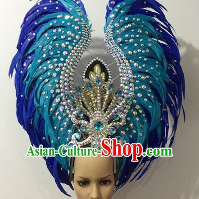 Top Grade Halloween Parade Hair Accessories Brazilian Rio Carnival Samba Dance Blue Feather Giant Headwear for Women